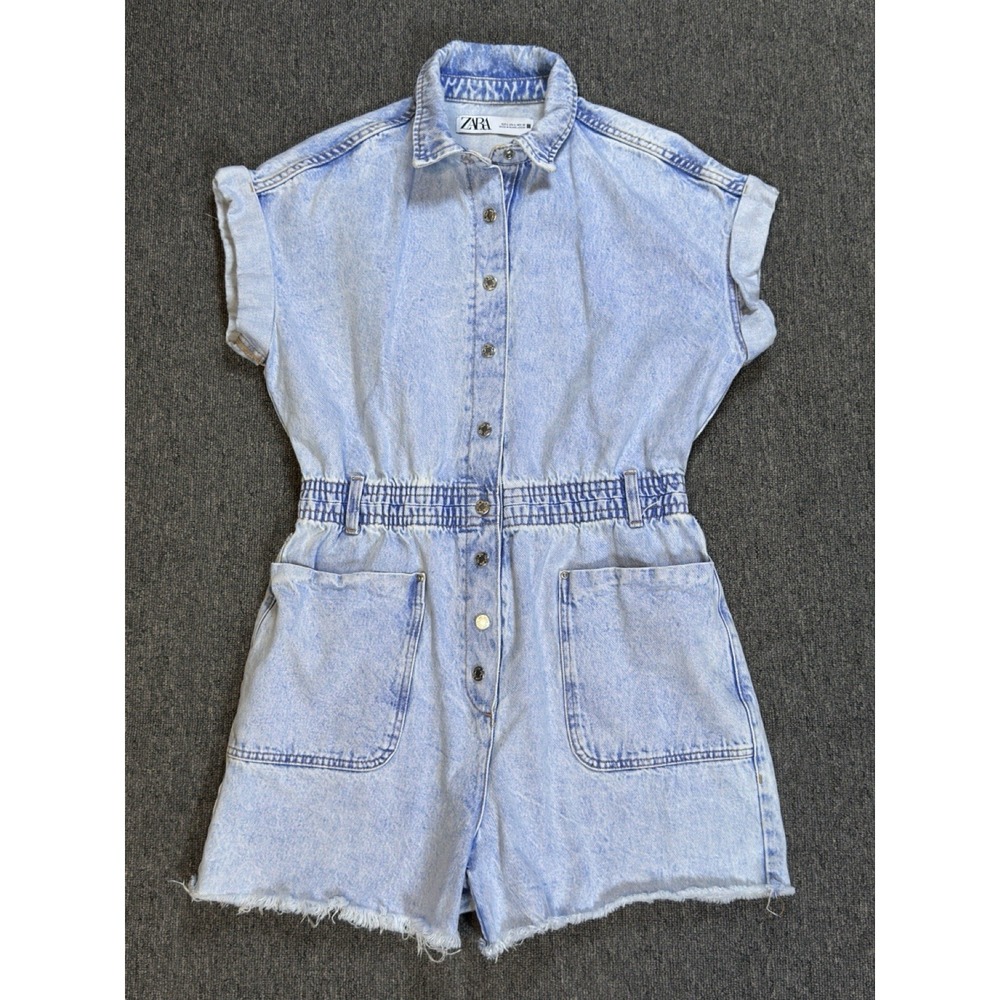 ZARA Women's Light Blue Snap Button Up Denim Romper Pockets Elastic Waist Size L